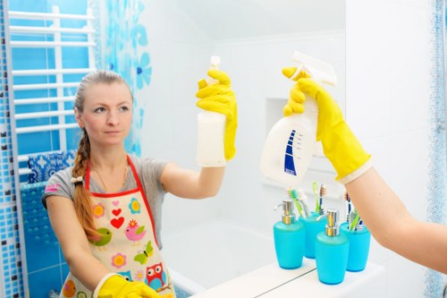 Commercial cleaning team working in a TW9 office entrance